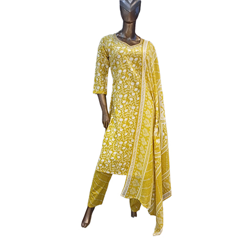 211 Kpdsh Ladies 3 Pcs Cotton Suit Set - Color: Yellow