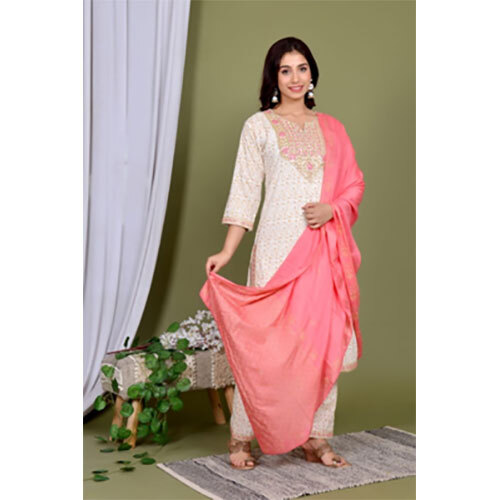 Yog Cream Ethnic Suit Set - Cotton Fabric, Sizes L-XXXL | Washable, Elegant Indian Design for Women