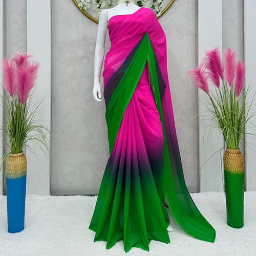 Multicolor Ladies Pink And Green Satin Fabric Saree With Digital Print