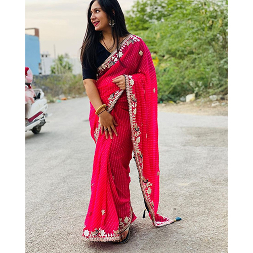 Pink Ladies Bandhani Bandhej Georgette With Work Border Sarees