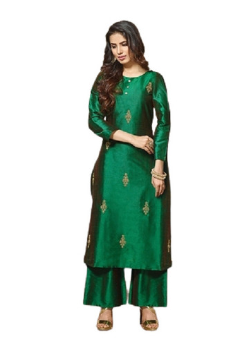 Zari Kurtis - Zari Fabric, Customized Size, Green, Long Round-Neck, Printed, Long Sleeve, Regular Fi