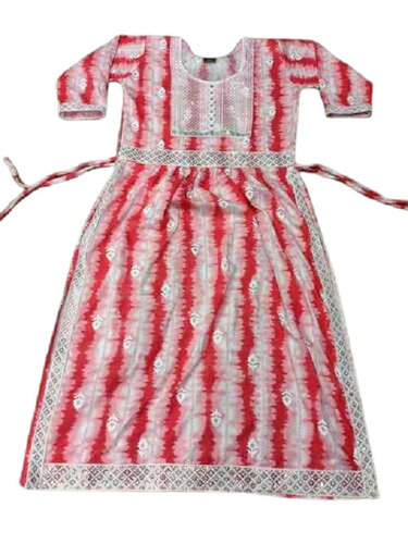 Casual Wear Kurti - Long Regular Fit, Red and White Printed with Anti-Wrinkle, Breathable, Machine W
