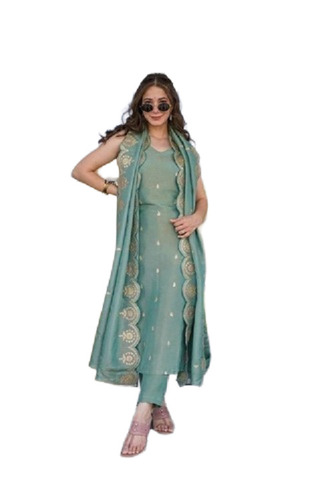 Green Chanderi Kurta Pant Set - Design: Traditional