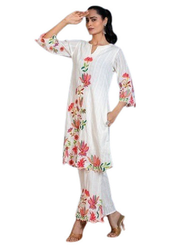 White Cotton Women Cord Set - Design: Embroidered