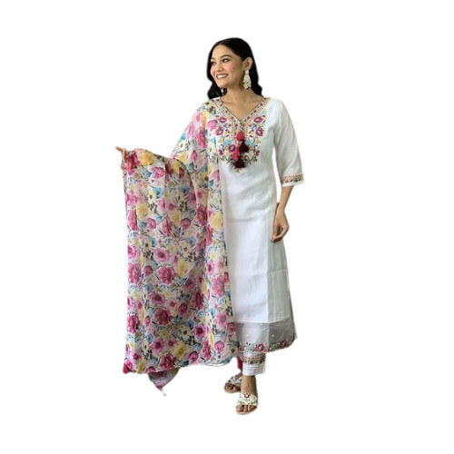 Cotton White Floral Embroidered Kurta Set - Design: Traditional