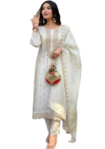 Ivory Embroidered Chanderi Salwar Kameez - Design: Traditional