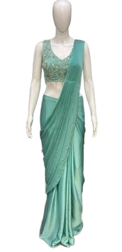 Sea Green Pre Draped Ready To Wear Saree - Design: Hand Embroidered