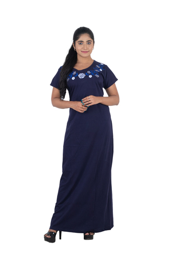 WOMENS EMBROIDERY NAVY BLUE NIGHT GOWN - Cotton Maxi, Size S-XL | Comfortable, Warm, Easy Wash, Soft