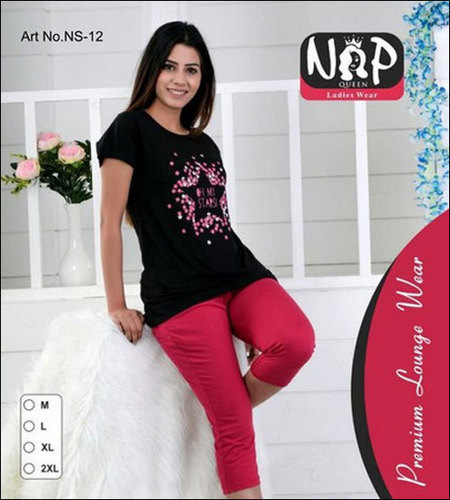 Cotton Ladies Short Length T-Shirt And Pajama Night Suits