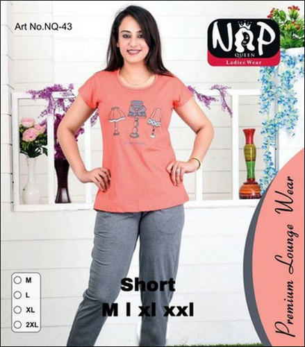 0Range Grey Ladies Half Sleeves Cotton Printed Night Suits