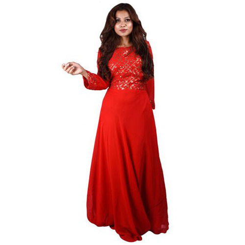 Ladies Full Length Full Sleeve Red Georgette Sequence Work Gown Decoration Material: Sequins