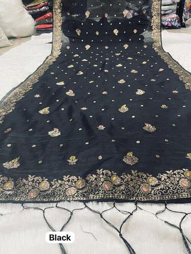 Black Banarasi Cotton Silk Dupatta - 2.25m x 1m, Zari Jacquard Work | Elegant Design, Versatile Drap