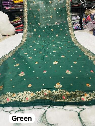 Green Banarasi Cotton Dupatta - 42x2.5 Inches, Jacquard Embroidery | Elegant Design, Soft Fabric, Ve