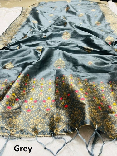 Grey Soft Banarasi Silk Dupatta - 2.5m x 1m, Zari Work | Elegant Design, Versatile Style, Perfect fo