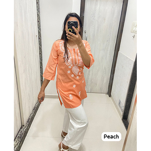Peach Rayon With Embroidery Chikan Work Top - Peach Color, Summer Season, All Sizes | Intricate Embr