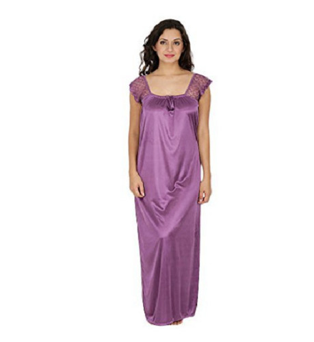 Satin Nightgown - Full Length, Short Sleeves, Purple | Soft Touch Fabric, Ideal for All Seasons, Sty