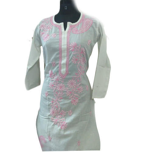 Ladies 3/4th Sleeve Machine Knitted Chikan Kurti - Handwashable, Breathable Cotton Blend | Printed D
