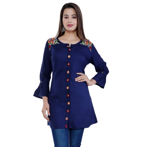 Ladies Kurtis - Rayon, M/L/XL Size, Blue Color | Long Regular Fit, 3-4th Sleeve, Embroidered, Quick 