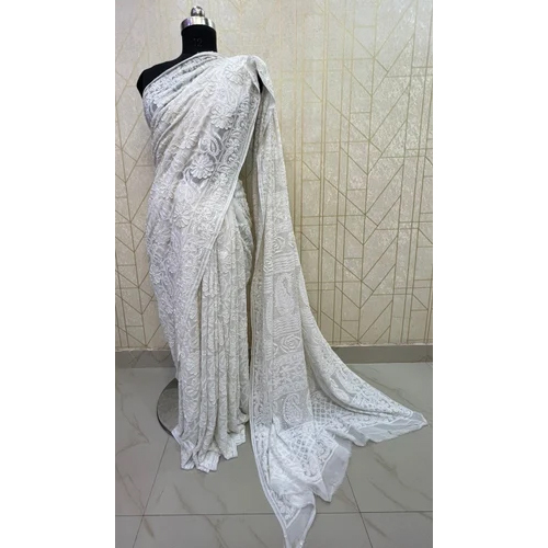 White Chikankari Saree - 6 Meter Length, Ethereal Embroidered Cotton Fabric with Elegant Traditional