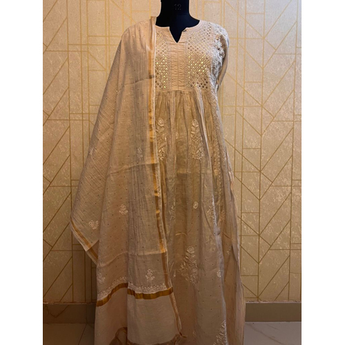 Different Available Ladies Tissue Chanderi Gown And Dupatta Set With Mukaish Work
