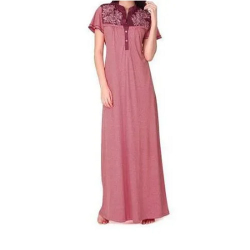 Dyed Short Sleeves Cotton Night Gown For Ladies - Cotton, Size L, Pink | Breathable Fabric, Short Sl
