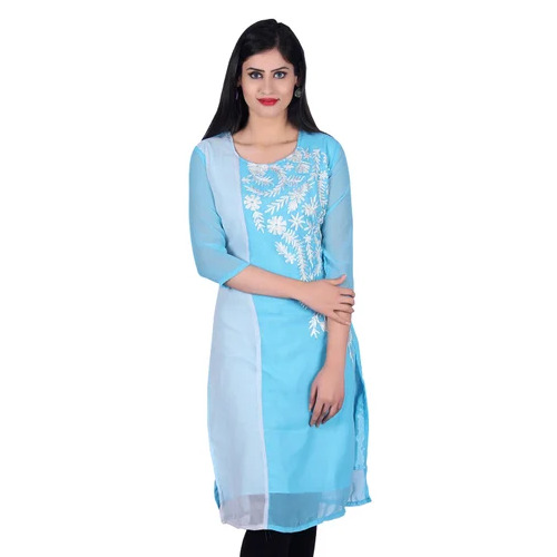 Embroidered Georgette Kurti - XL in Sky Blue, 3-4th Sleeve Style | Comfortable Fit, No Fade, Washabl