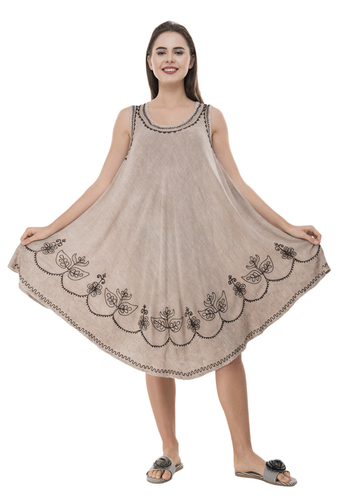 Umbrella Dress - Rayon Crepe, Free Size, 42 Inch Length | Sleeveless Tie-Dye Design, Embroidered Det