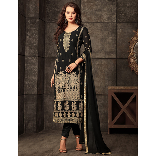 Semi Stitched Georgette Churidar Suit - Chiffon, Customized Size, Black Color | Full Sleeves, Beaded