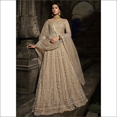 Semi Stitched Net Gown Suit - Color: Cream