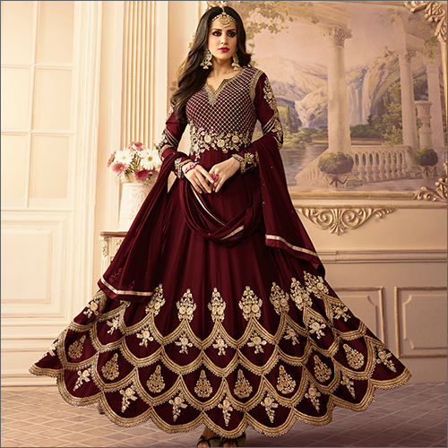 Maroon Semi Stitched Georgette Gown Suit - Color: Red