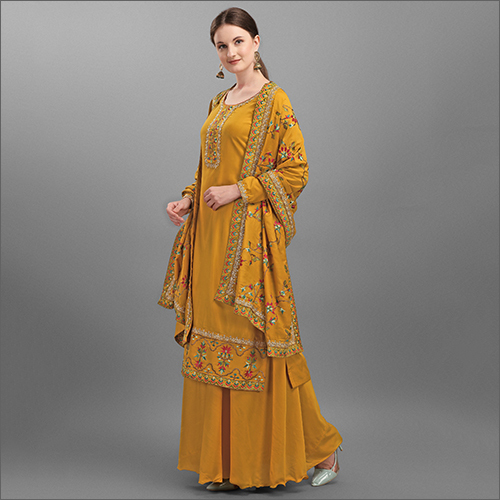 Yellow Semi Stitched Silk Palazzo Suit Decoration Material: Beads