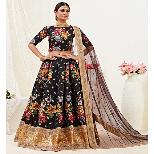 Black Printed Semi Stitched Silk Lahenga
