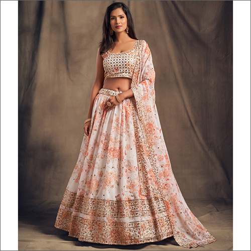 Semi Stitched Organza Lahenga With Organza Dupatta - Color: White