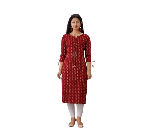 Ladies Rayon Straight Kurti - Regular Fit, 3-4th Sleeve, Summer Trendy Style | Red Color, Quick Dry,