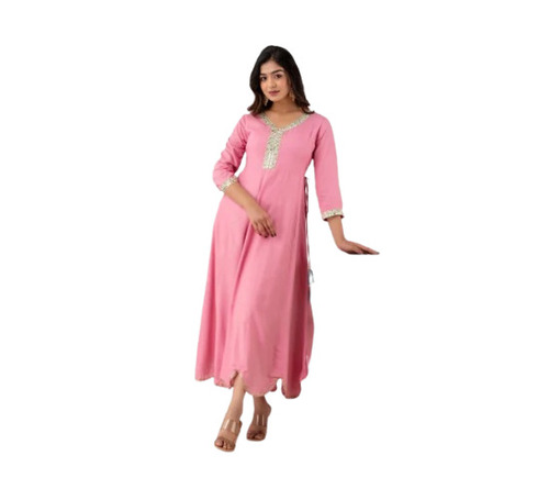 Ladies Anarkali Kurti - Full Stitched Cotton, XS-XXL, Pink | Embroidered Lace Work, Quick Dry, Skin 