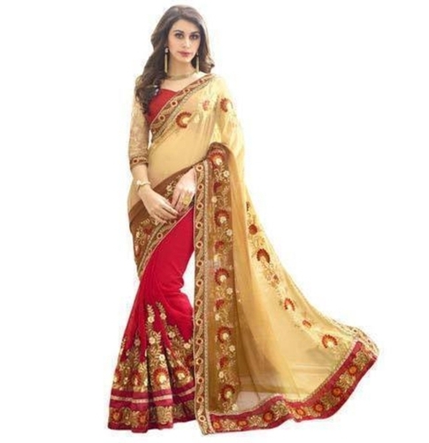 Handwoven Perfect Shine And Finishing Red And Golden Color Printed Cotton Saree For Party Wear