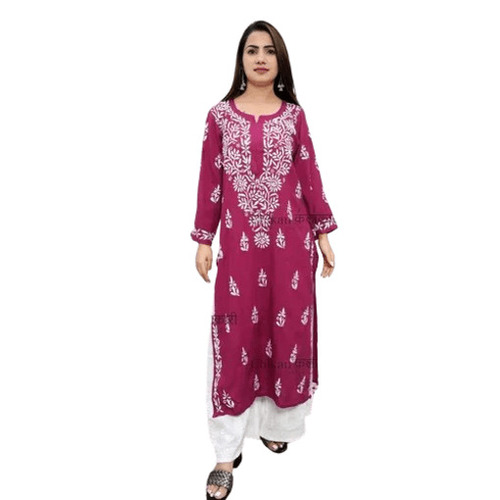 Ladies Kurtis - Cotton Blend, 15 cm Length, Purple & White | Embroidered Pattern, Anti-Wrinkle, Brea