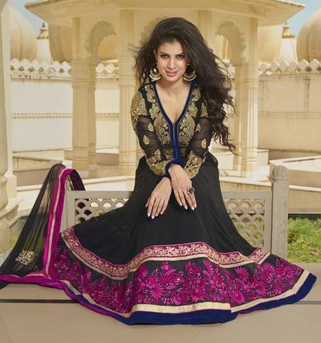 Indian Ladies Black Deep-Neck Full Sleeves Party Wear Embroidered Anarkali Suit