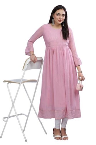 Ladies Chiffon Kurti - Premium Cotton Blend, Short Sleeve & Adjustable Straps, Stylish Pink Satin Fi