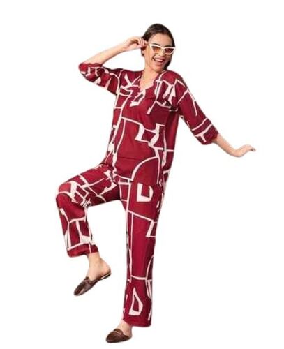Comfortable Ladies Night Suits - Cotton Blend, Size S/M/L/XL | Red and White Stylish Print, Button-F