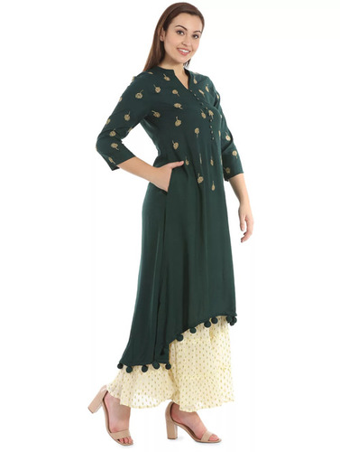 Ladies Rayon Kurti - Rayon Cotton Blend, Size: XS to Plus Size, Color: Dark Green, Sleeve Style: 3-4