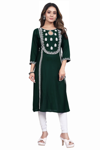 Green Colour Embroidery Work Kurti - Cotton, M/L/XL/XXL Sizes, 3/4 Sleeve, Length 44 Inch, Bust 32-3