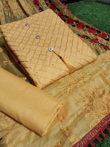 Unstitched Cotton Dress Material - Variable Dimensions, Yellow | No Color Fade, Skin Friendly Fabric