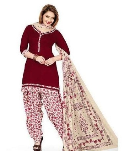 Maroon And White 3 By 4 Sleeve Cotton Printed Casual Wear Ladies Salwar Suit