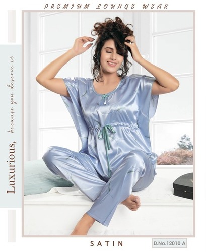 Satin Kaftan - Shrink Controlled, Relax Fit Solid Blue Night Suit for Women | Soft Touch, Short Slee