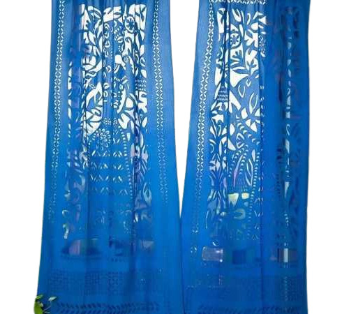 Blue 8 Feet Long Stitched Applique Work Curtain With 40 Inch Widht