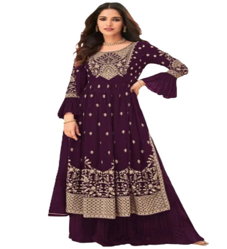 Designer Palazzo Suit - Georgette, Size L, Purple Color | Breathable, Anti Wrinkle, Embroidered Full
