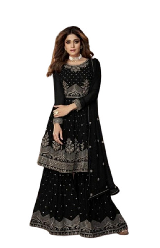 Georgette Palazzo Suit - Black with Elegant Embroidery | Breathable, Anti-Wrinkle, Dry Cleanable, 3-