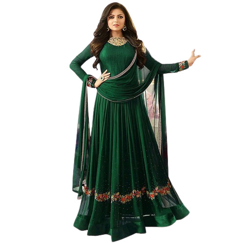 Green Full Sleeves Washable Breathable Embroidered Georgette Designer Frock Suit 