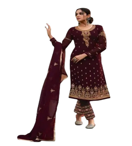Long Fancy Suit - Georgette, Size L, Maroon Color | Embroidered Pattern, Full Sleeves, Breathable an